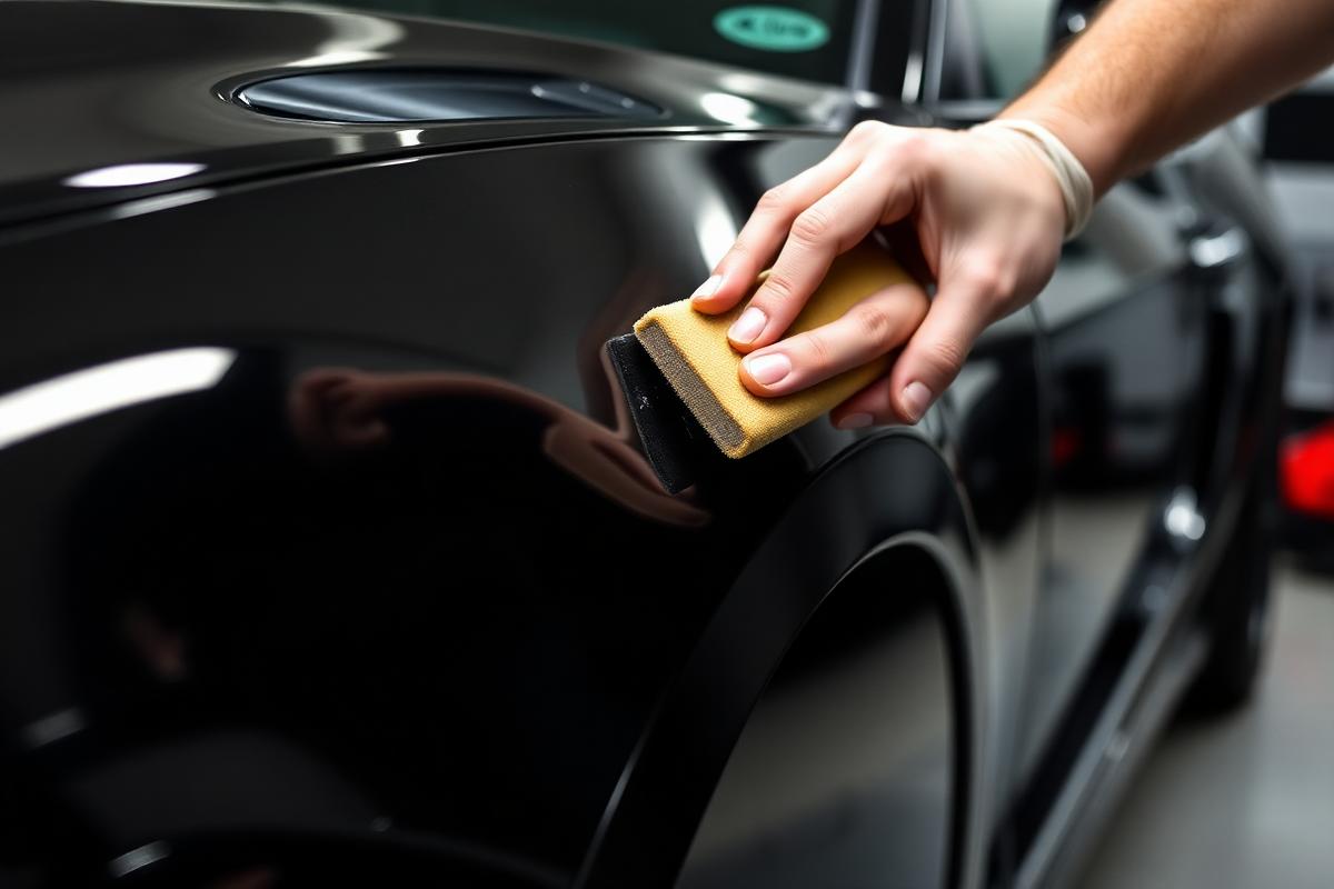 Ceramic coating being applied by hand to the fender of a black car