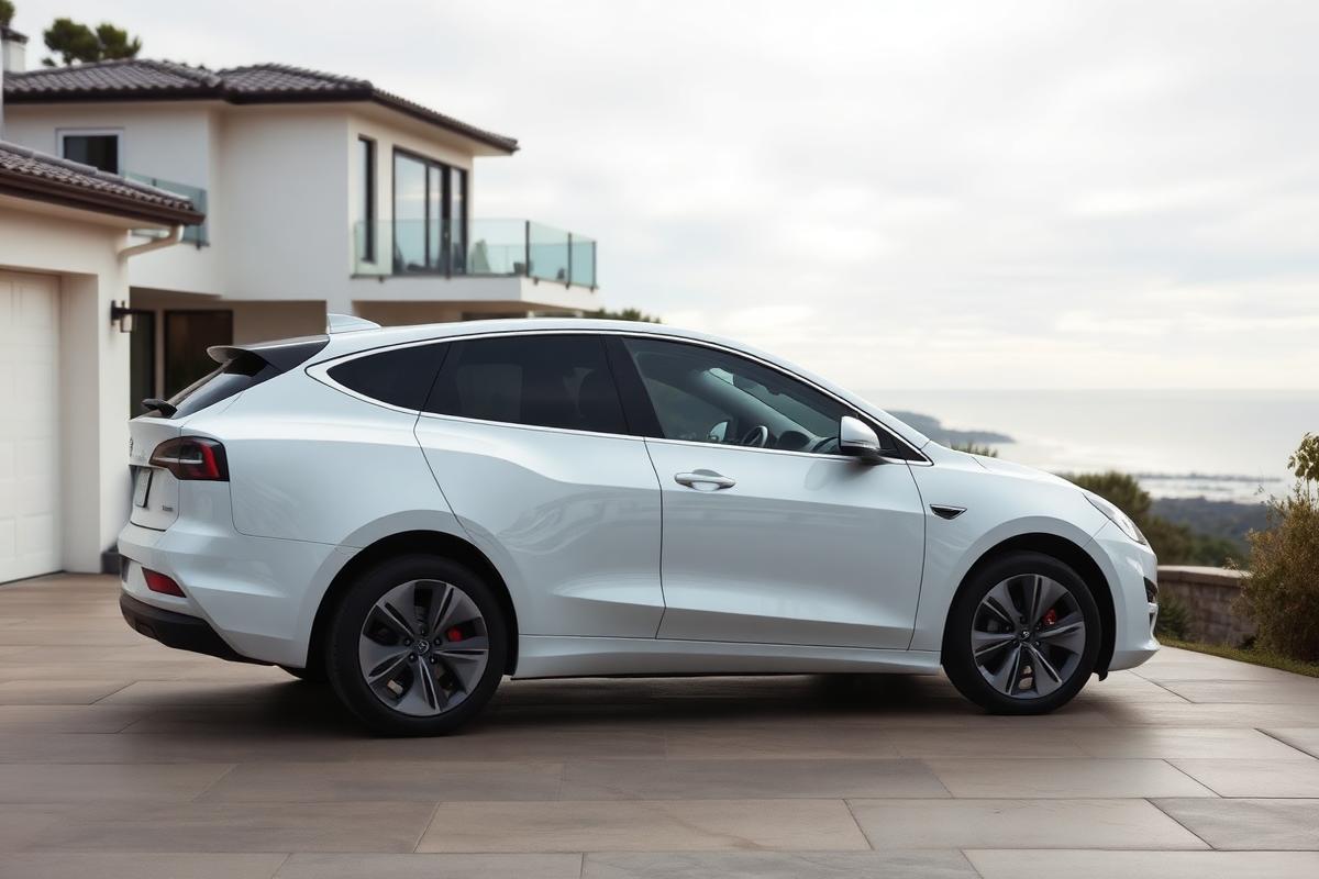 Clean white electric vehicle parked in a hillside driveway