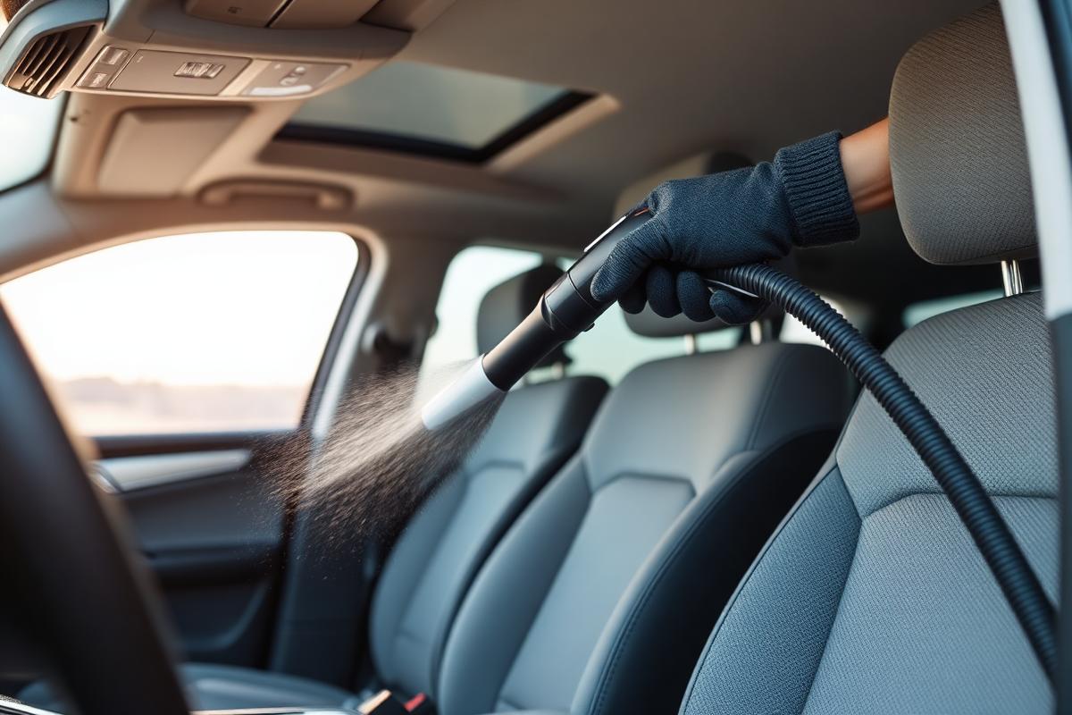 Steam cleaning a fabric car seat during an interior detail