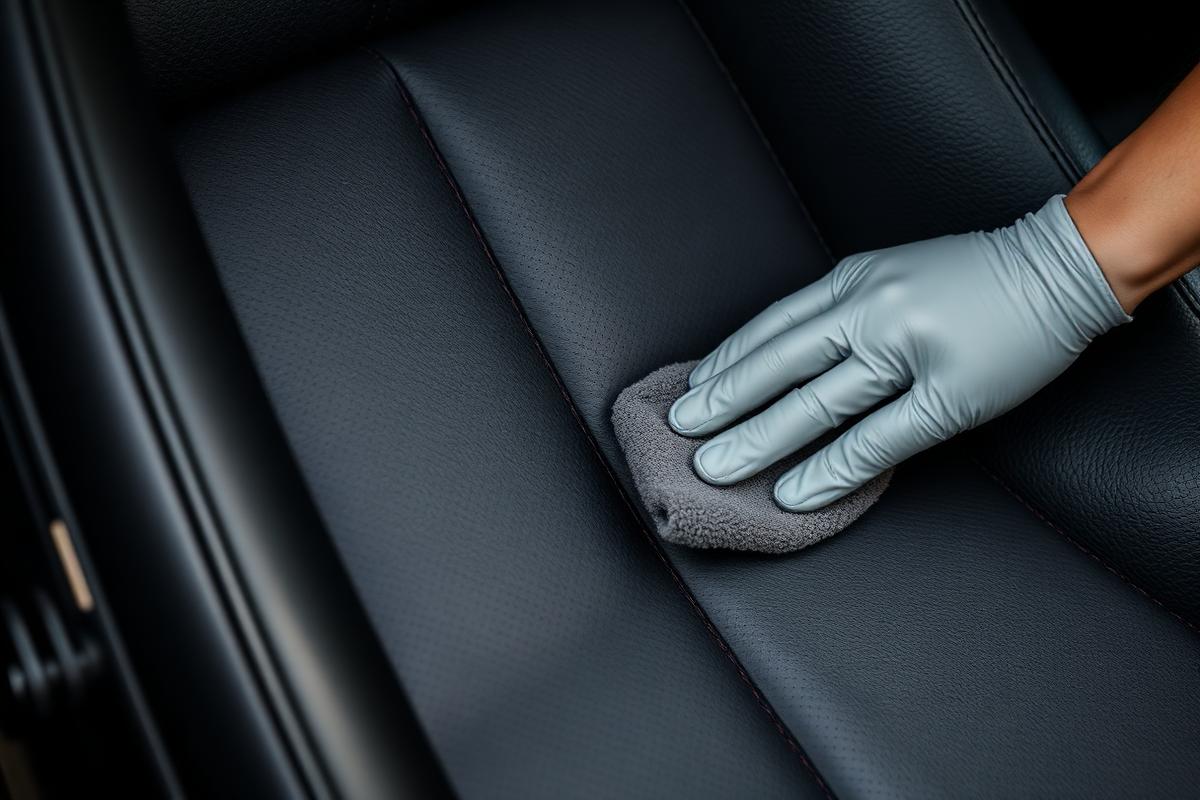Black leather car seat being conditioned with a microfiber cloth
