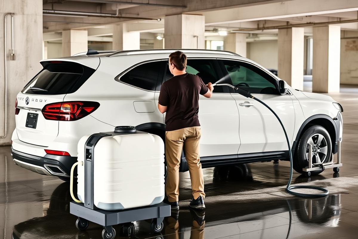 Mobile detailer rinsing a white SUV in a condo parking garage