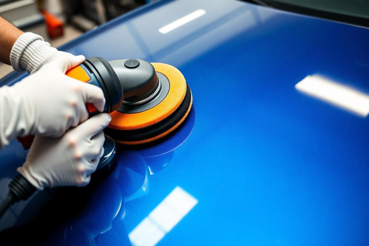 Dual action polisher correcting the paint on a blue car hood