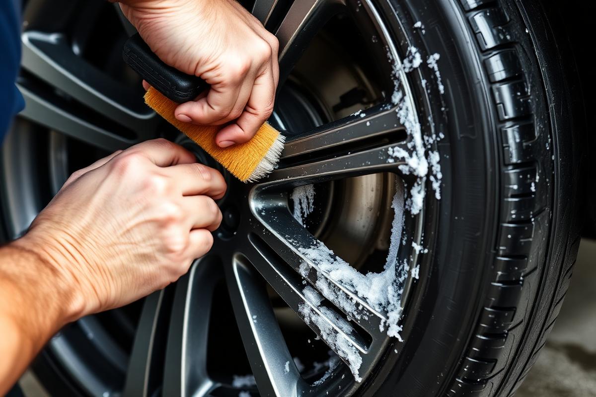 Alloy wheel being cleaned with a soft brush and foam